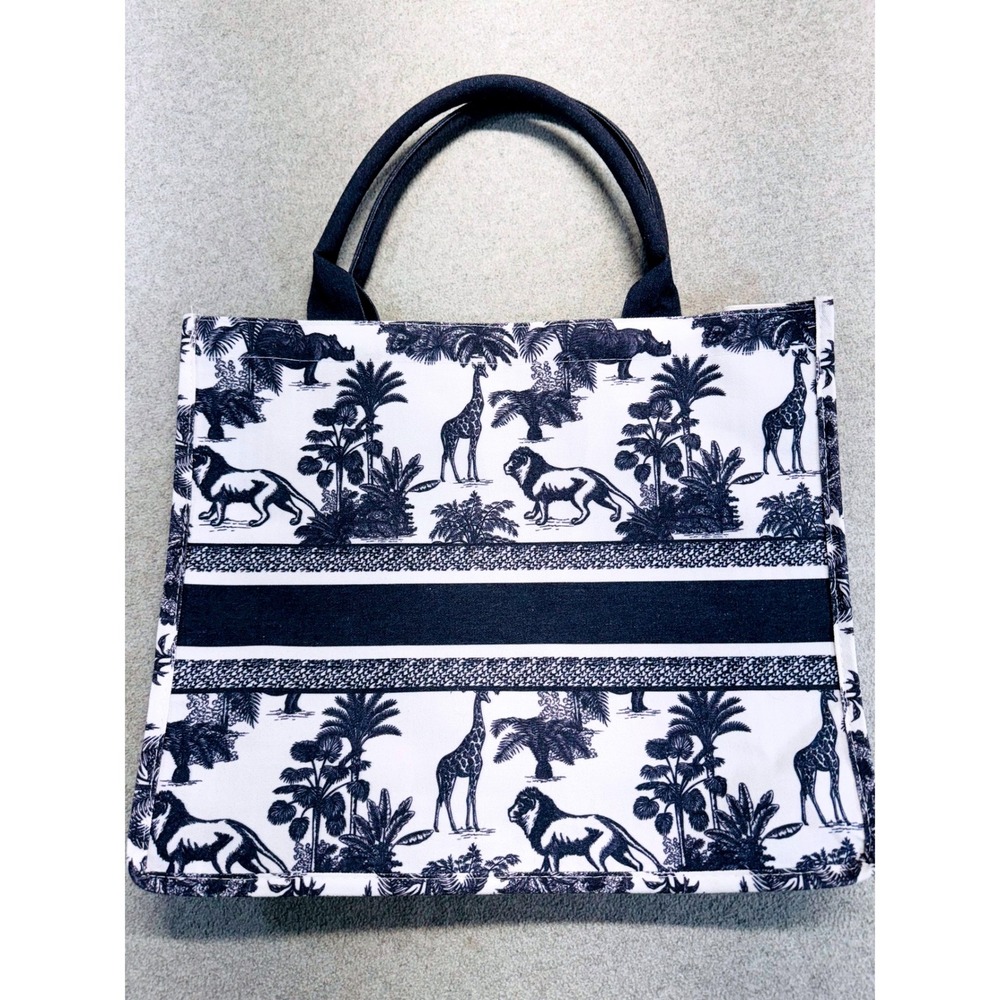 Safari‎ Print Tote Bag Jungle Animal Canvas Tote Navy White Striped Lined Travel